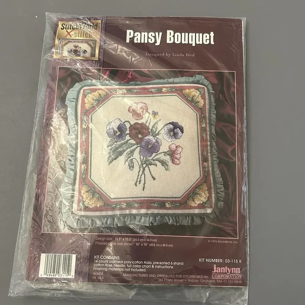 Stitch World Pansy Bouquet Pillow Cover Counted Cross Stitch Kit 13.5”x13.5” VTG